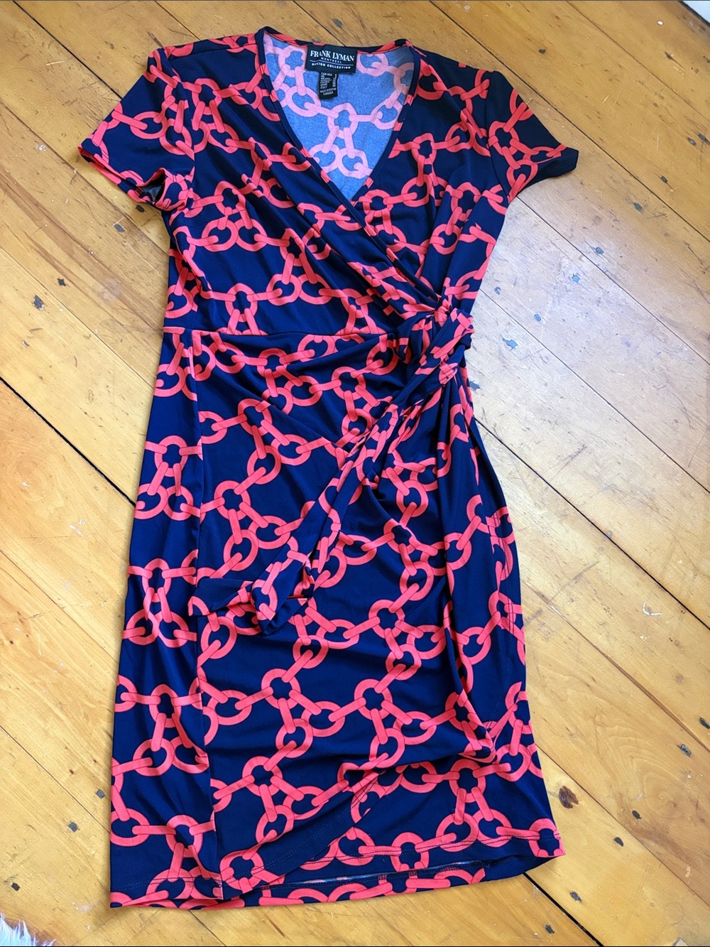 Frank Lyman Design Navy Midi Dress with Coral Chain Print